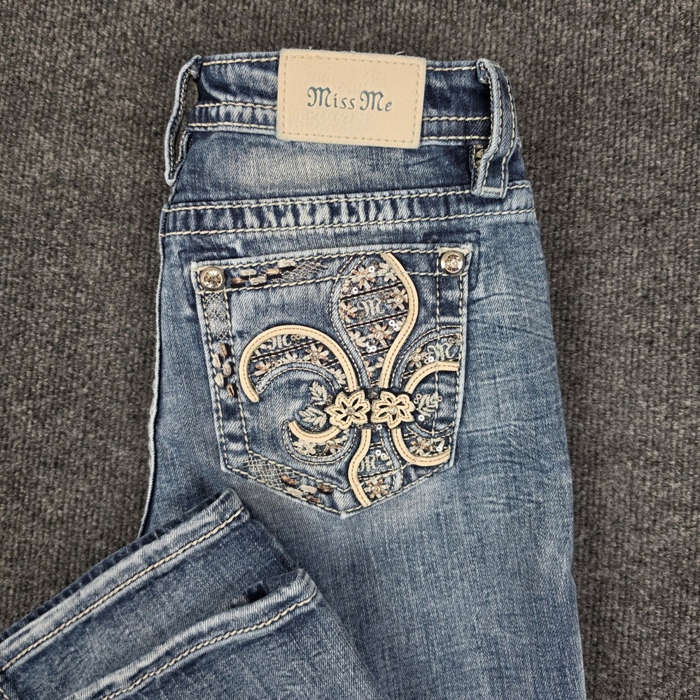 Miss Me Bootcut Jeans Womens 26 Med Wash Mid Rise Denim Fleur-de-lis Embroidered